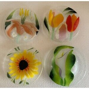 Fused Art Glass Coasters Floral Round Set of Four Multicolor 4-1/4 “ Diameter